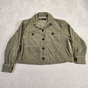 Zara Corduroy Cropped Jacket Olive‎ Green Button Down Utility Style Size Small